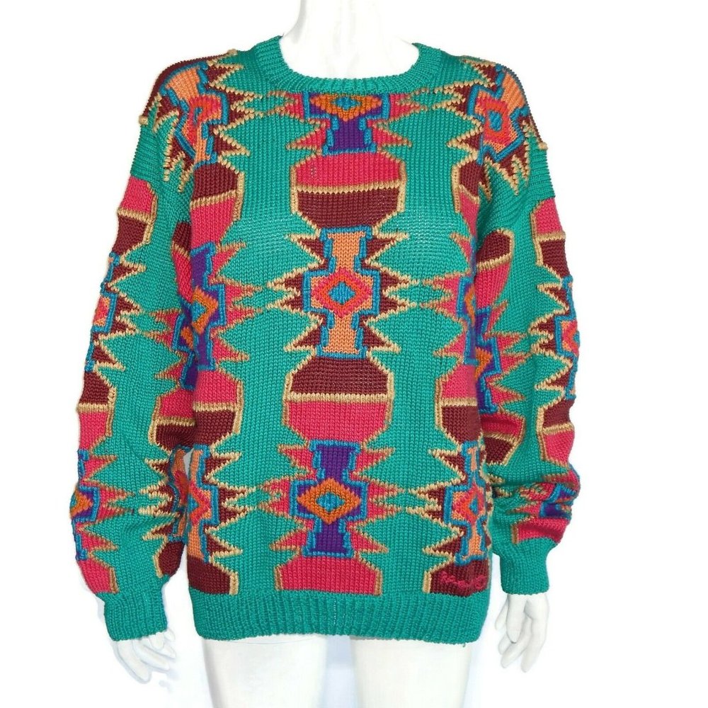 WILD 1980's RAQUEL AZTEC TURQUOISE PINK CHUNKY KNIT Sweater Womens Medium 1990's